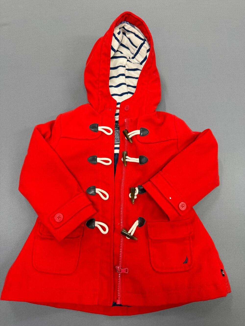 Nautica Girls 2T Red Wool Blend Pea Coat Hooded Toggle Button Jacket
